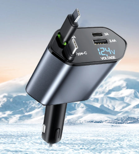 4-In-1 Vehicle Charger, 120 Watt Fast Charging, Retractable Cable, 2 USB Ports, Compatible with All Vehicles Dual TYPE-C