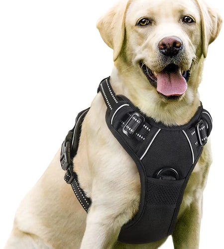 Dog Harness, No-Pull Pet Harness with 2 Leash Clips, Adjustable Soft Padded Dog Vest, Reflective Outdoor Pet Oxford Vest with Easy Control Handle for Large Dogs, Black