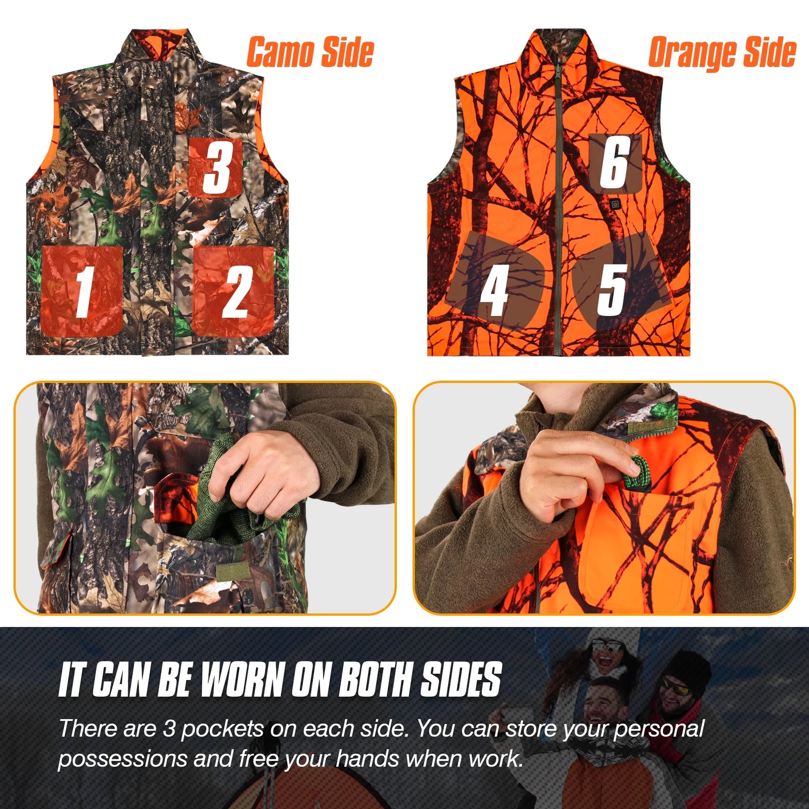 Hunting Heated Vest, Camo Orange Reversible Vest, Game Vest Jacket for Hunting, Lightweight Heating Vest (M)