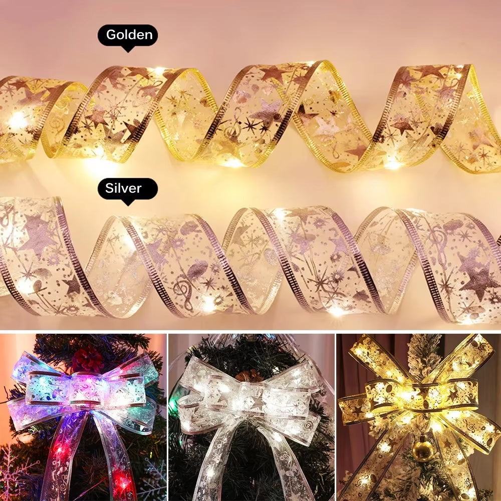 Christmas Ribbon Fairy Light Christmas Decoration DIY Bows String Light Tree Ornaments for Home 2023 Xmas Decor New Year Navidad