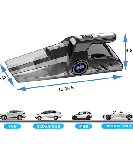 Portable Car Vacuum Cleaner, USB Charging Wireless Handheld Tire Inflator Air Compressor with Digital Tire Pressure Gauge LCD Display and LED Light, HEPA Filter, Tire Repair Tool