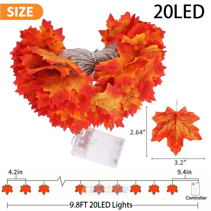 9.8FT Fall Thanksgiving Maple Leaves 20 LED Light Lamp Garland Festival Decor