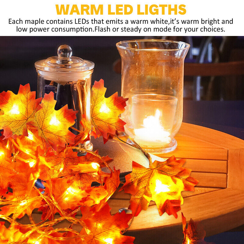 9.8FT Fall Thanksgiving Maple Leaves 20 LED Light Lamp Garland Festival Decor