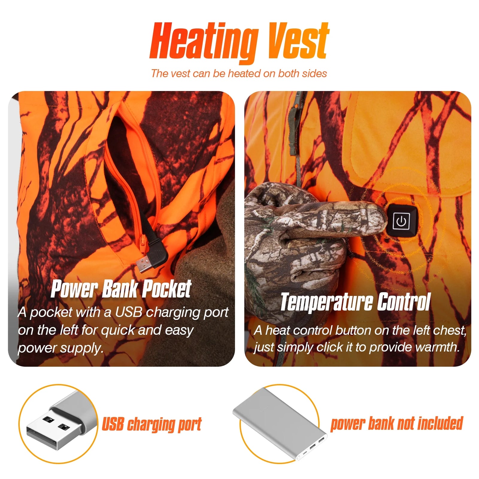 Hunting Heated Vest, Camo Orange Reversible Vest, Game Vest Jacket for Hunting, Lightweight Heating Vest (M)