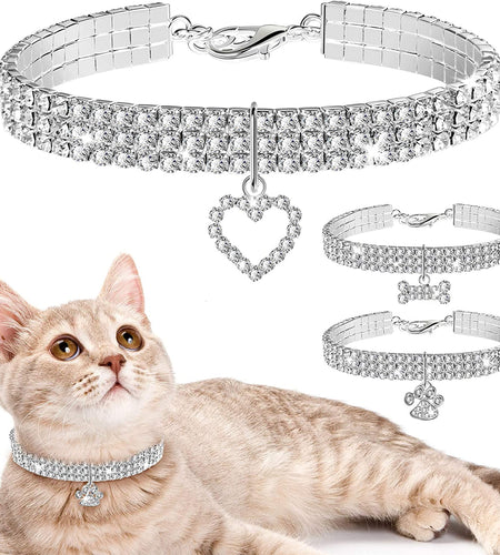3 Pieces Bling Rhinestones Pet Collars Glitter Pendant Dog Collars Adjustable Crystal Cat Collar Elastic Pet Necklace for Small Pet Cat Dogs Puppy (White)