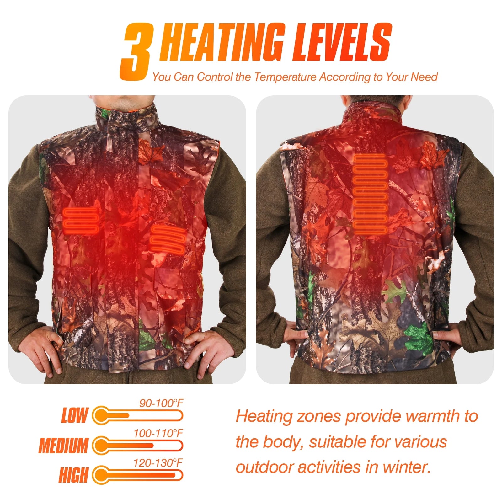 Hunting Heated Vest, Camo Orange Reversible Vest, Game Vest Jacket for Hunting, Lightweight Heating Vest (M)