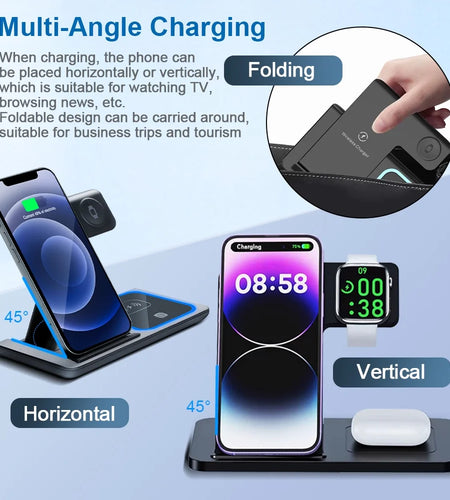 3-In-1 Wireless Charging Station 15W Fast Wireless Charging Base for Iphone15/14/13/12/11/Pro, Iwatch, Airpods Pro, Qi Standard Mobile Phones, Foldable Wireless Charging Stand Black