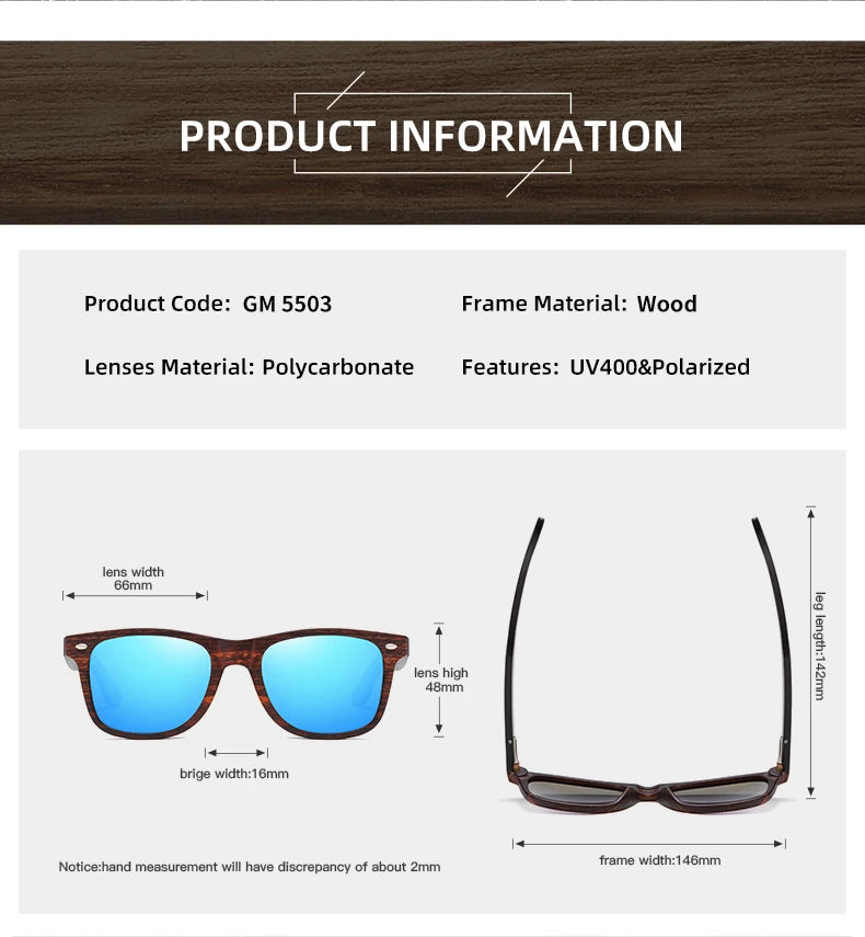 GM Handmade Natural Wooden Sunglasses Men Polarized Eyewear Women Mirror Vintage Oculos de sol masculino UV400 Polarized Lens