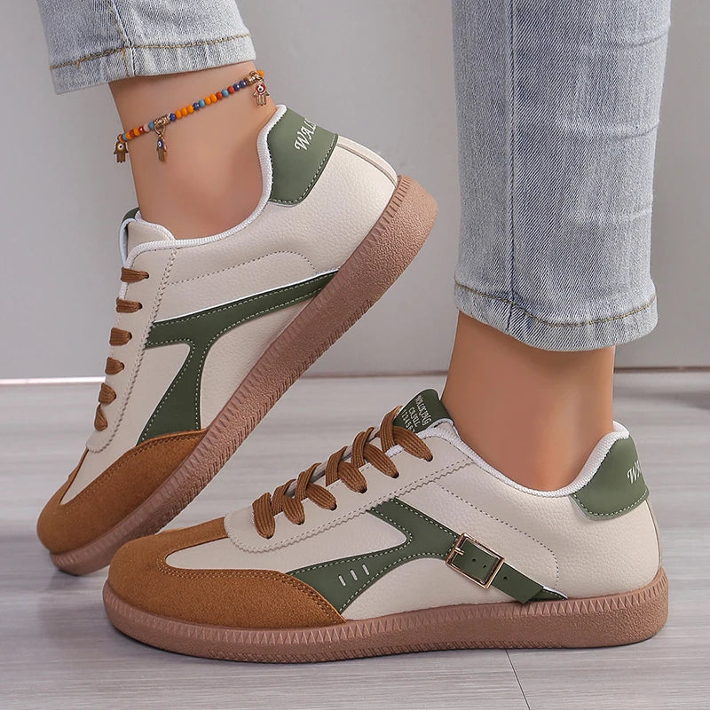 Lucyever Patchwork Flat Sole Sneakers for Women 2024 New Lace Up Casual Sports Shoes Woman Retro Soft Sole German Training Shoes