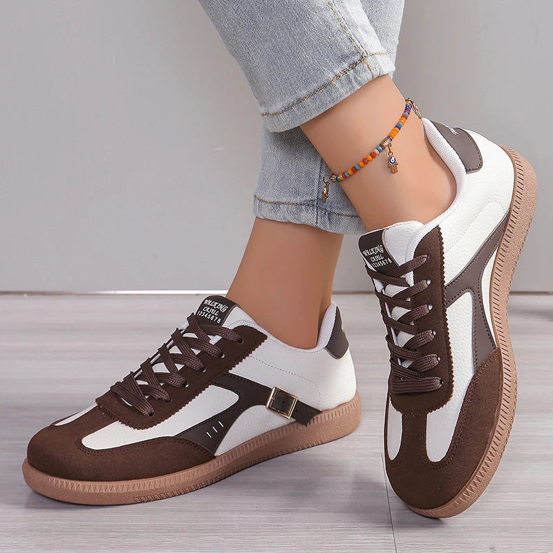 Lucyever Patchwork Flat Sole Sneakers for Women 2024 New Lace Up Casual Sports Shoes Woman Retro Soft Sole German Training Shoes