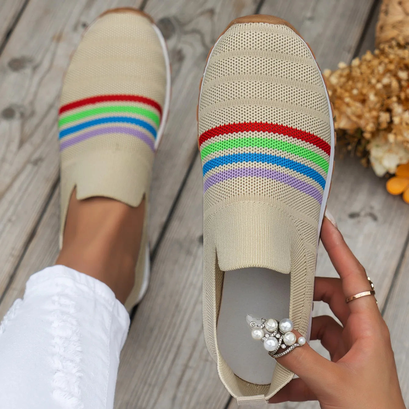 Women Casual Sneakers New Spring Autumn Breathable Mesh Sneakers Women Comfortable Rainbow Knitted Shallow Cut Flat Casual Shoes