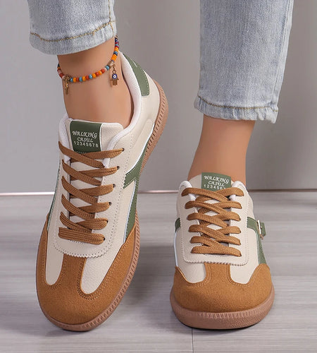 Lucyever Patchwork Flat Sole Sneakers for Women 2024 New Lace Up Casual Sports Shoes Woman Retro Soft Sole German Training Shoes