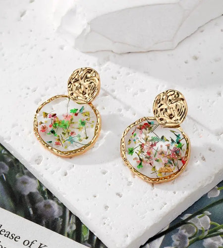Colorful Dried Flower Earring Unique Epoxy Resin Pressed Flower Earring Women Natural Floral Geometric Boho Earring Wholesale