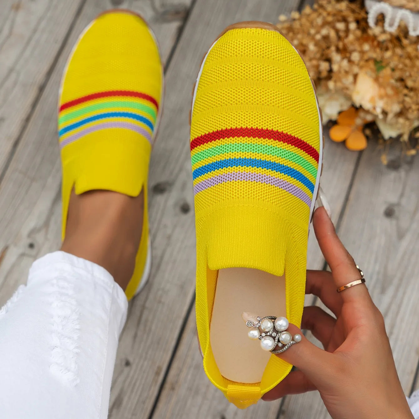 Women Casual Sneakers New Spring Autumn Breathable Mesh Sneakers Women Comfortable Rainbow Knitted Shallow Cut Flat Casual Shoes