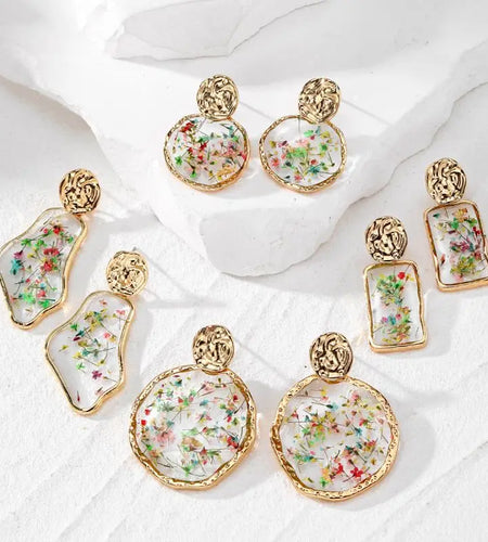 Colorful Dried Flower Earring Unique Epoxy Resin Pressed Flower Earring Women Natural Floral Geometric Boho Earring Wholesale