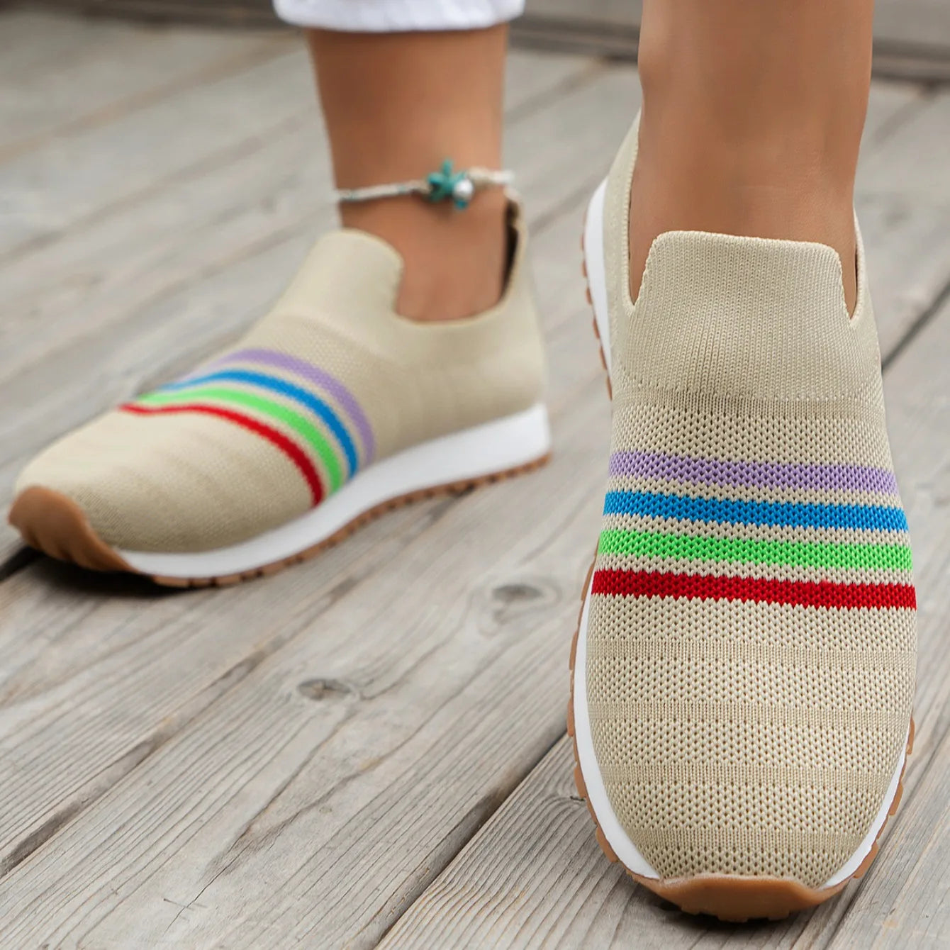 Women Casual Sneakers New Spring Autumn Breathable Mesh Sneakers Women Comfortable Rainbow Knitted Shallow Cut Flat Casual Shoes