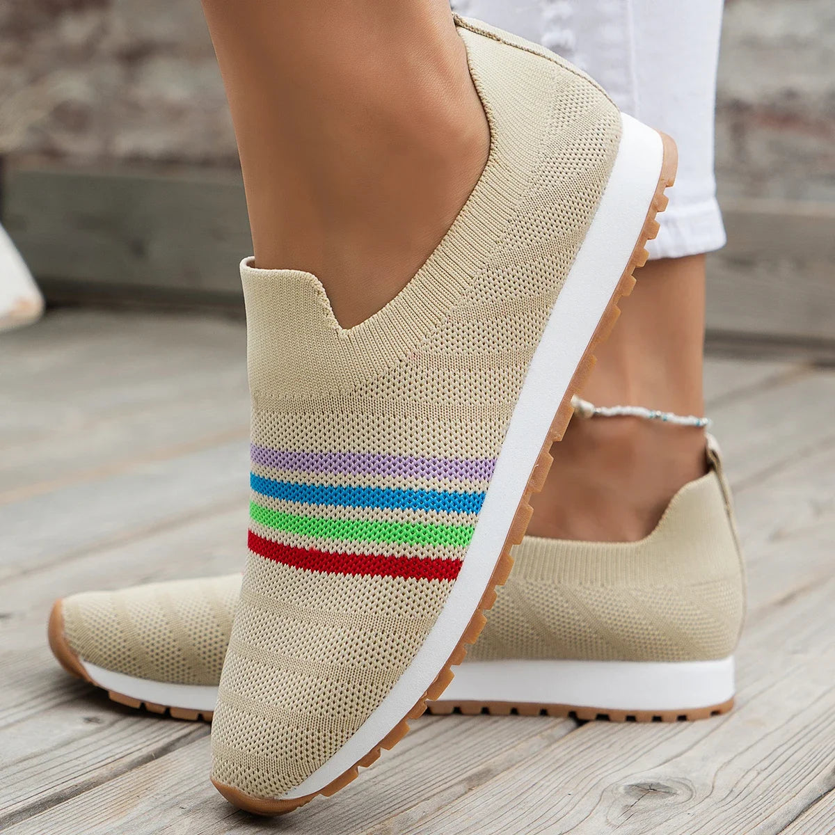 Women Casual Sneakers New Spring Autumn Breathable Mesh Sneakers Women Comfortable Rainbow Knitted Shallow Cut Flat Casual Shoes