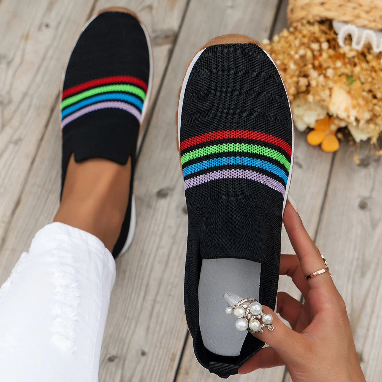 Women Casual Sneakers New Spring Autumn Breathable Mesh Sneakers Women Comfortable Rainbow Knitted Shallow Cut Flat Casual Shoes