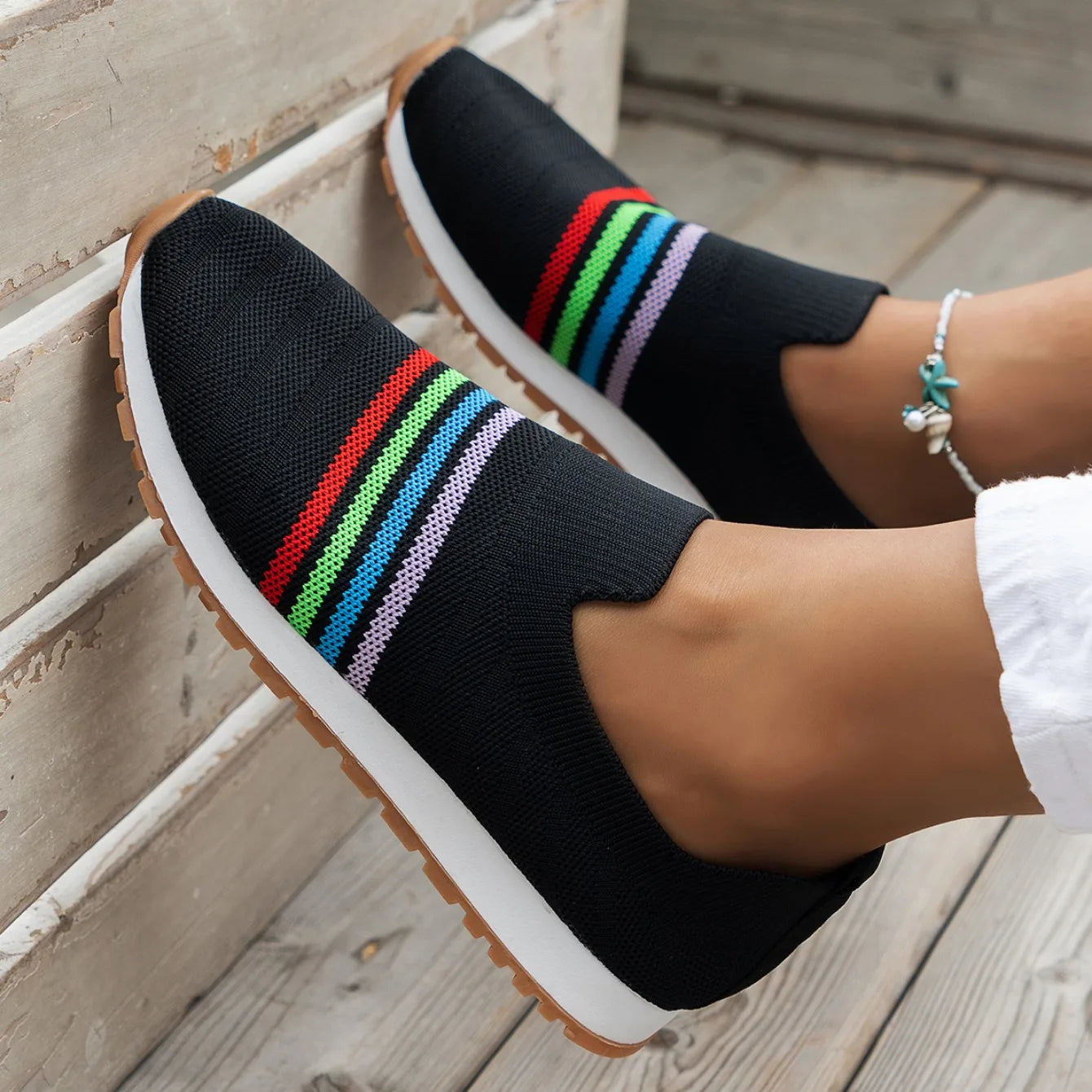 Women Casual Sneakers New Spring Autumn Breathable Mesh Sneakers Women Comfortable Rainbow Knitted Shallow Cut Flat Casual Shoes