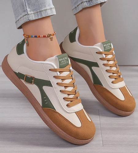 Lucyever Patchwork Flat Sole Sneakers for Women 2024 New Lace Up Casual Sports Shoes Woman Retro Soft Sole German Training Shoes