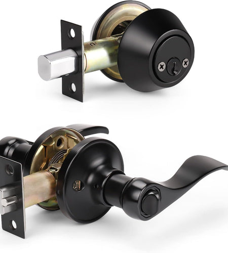 2 Pack Keyed Entry Door Lever Handle Door Handle with Lock and Key Exterior Door Lock Set with Double Keyed Deadbolt, Matte Black Finish, Vintage Design (Keyed Alike)