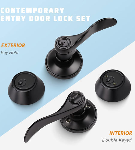 2 Pack Keyed Entry Door Lever Handle Door Handle with Lock and Key Exterior Door Lock Set with Double Keyed Deadbolt, Matte Black Finish, Vintage Design (Keyed Alike)