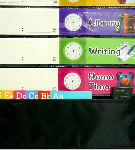 Daily Schedule Pocket Chart， Black Class Schedule with 26 Cards, 13+1 Pockets. 13 Colored + 13 Blank Double-Sided Reusable Cards, Easy Over-Door Mountings Included. (13” X 36”)