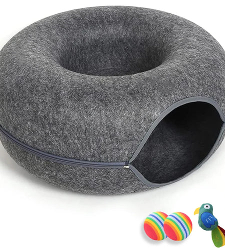 Large Cat Cave with 3 Toys Scratch Resistant Tunnel Bed up to 30 Lbs Dark Grey (24X24X11)