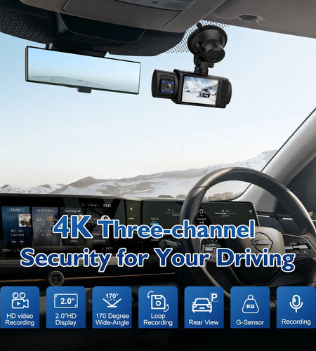 Dash Cam, 3 Channel Dash Cam, 4K+1080P Dash Cam Front and Inside, Triple Dash Cam for Car, Dash Camera with 32GB Card, 2160P Full UHD, G-Sensor, 170°Deg Wide Angle Dashboard with Infrared Night Vision