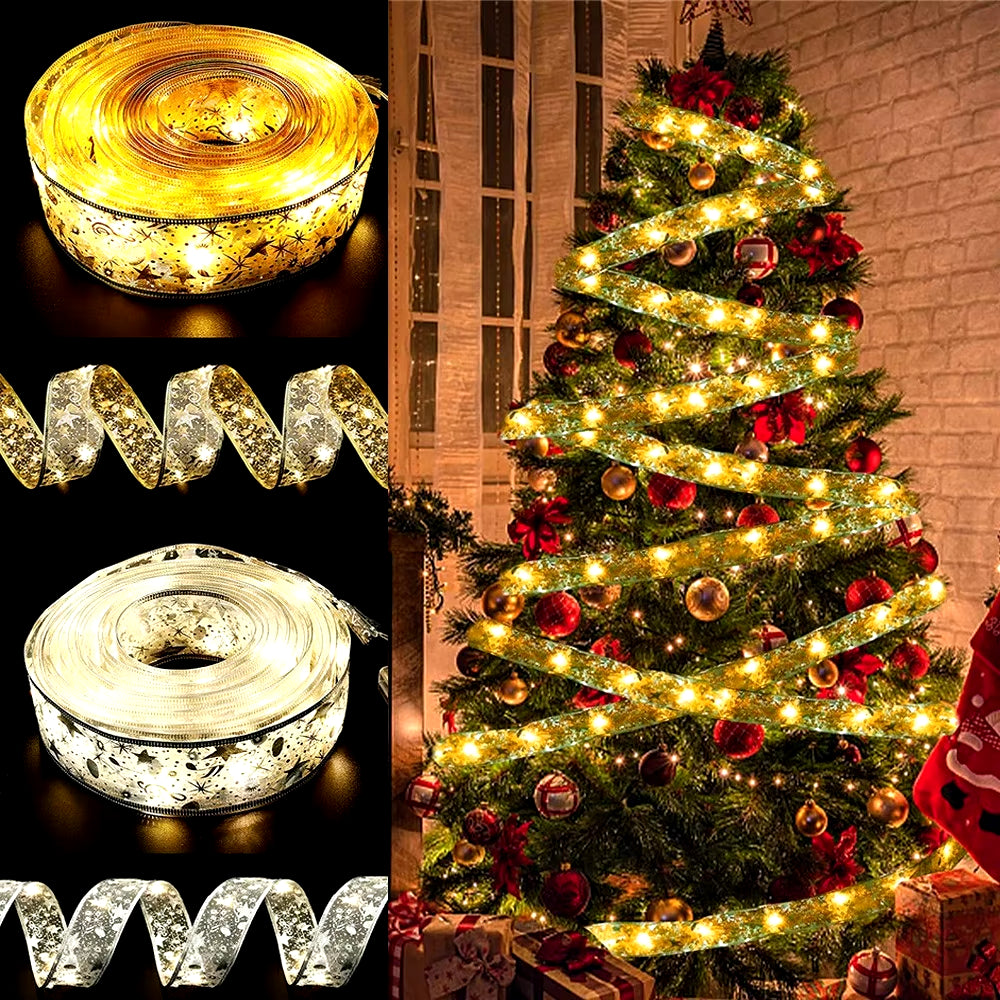 Christmas Ribbon Fairy Light Christmas Decoration DIY Bows String Light Tree Ornaments for Home 2023 Xmas Decor New Year Navidad