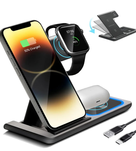 3-In-1 Wireless Charging Station 15W Fast Wireless Charging Base for Iphone15/14/13/12/11/Pro, Iwatch, Airpods Pro, Qi Standard Mobile Phones, Foldable Wireless Charging Stand Black