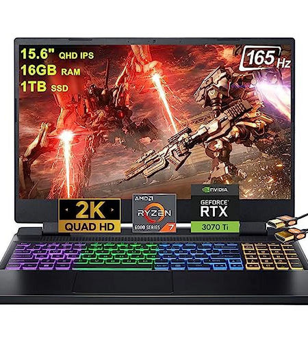 Nitro 5 15 Gaming Laptop 15.6" QHD IPS 165Hz Display AMD Octa-Core Ryzen 7 6800H (Beat I7-11370H) 16GB RAM 1TB SSD Geforce Rtx3070Ti 8GB Graphic RGB Backlit HDMI USB-C Win11Pro Black + HDMI Cable