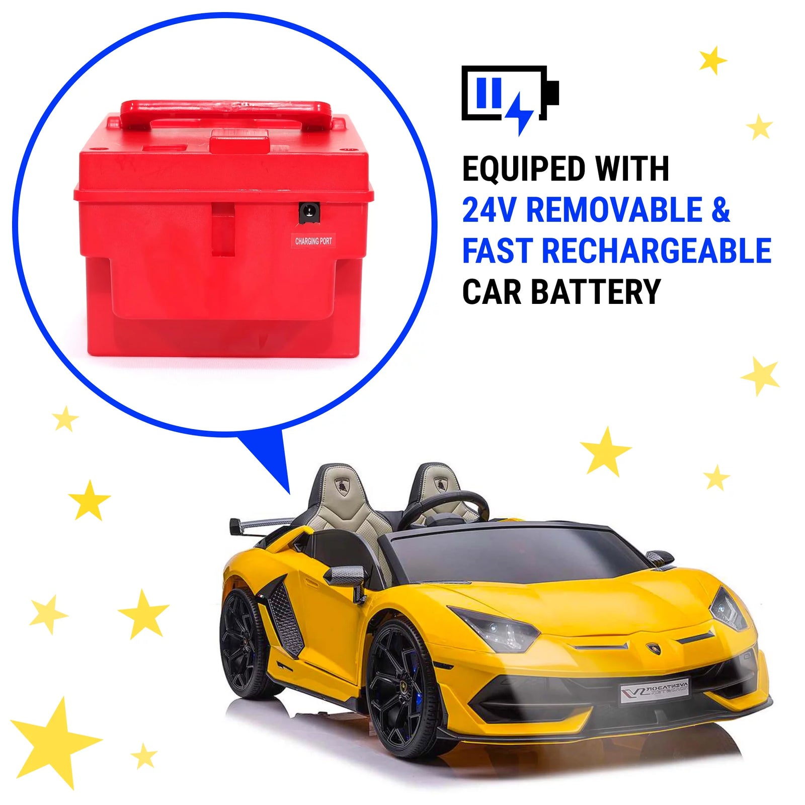 Lamborghini Aventador W/ Swappable Battery 24V - Electric Car for Kids with 3 Speeds, Leather Seat, Remote, MP3 Music by Bluetooth, FM Radio, Rubber Tires (Yellow)