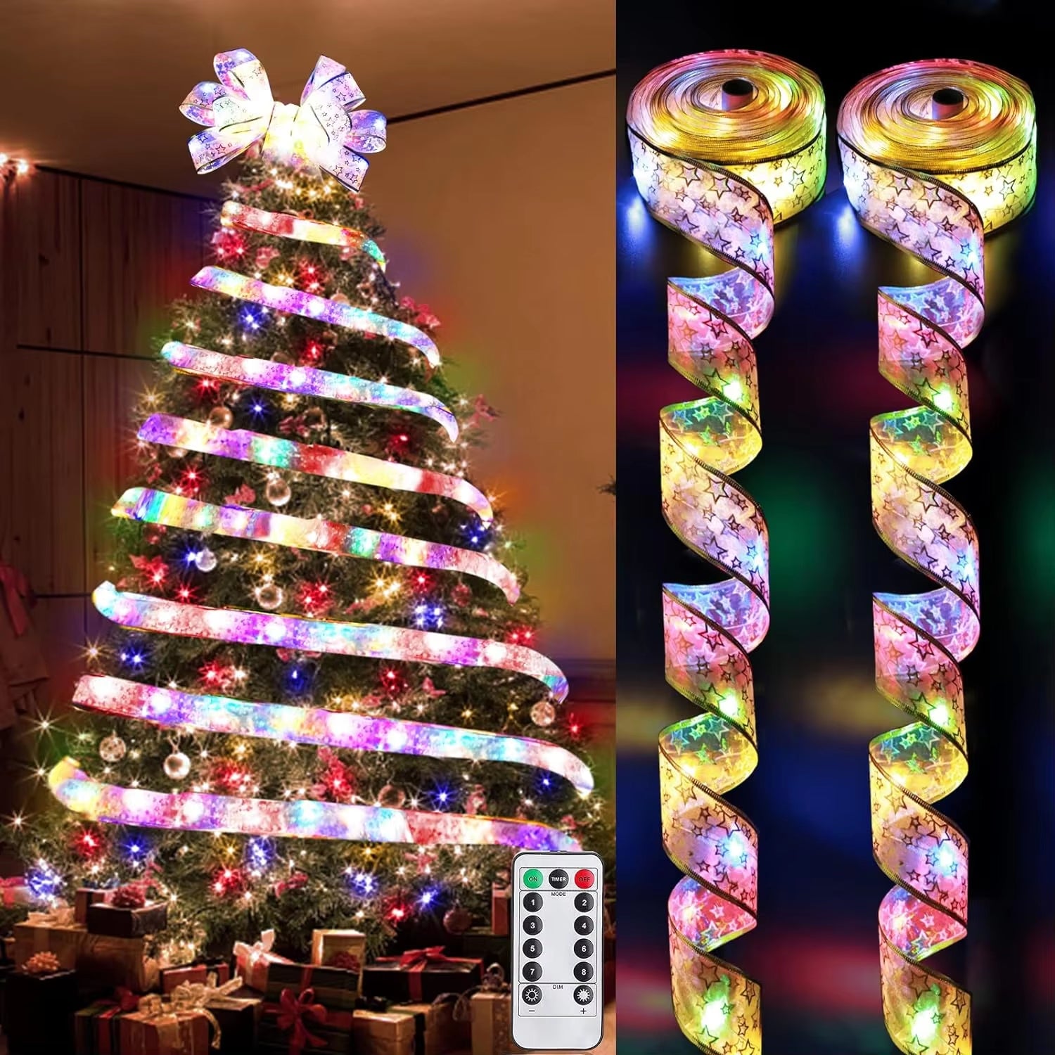 Christmas Ribbon Fairy Light Christmas Decoration DIY Bows String Light Tree Ornaments for Home 2023 Xmas Decor New Year Navidad