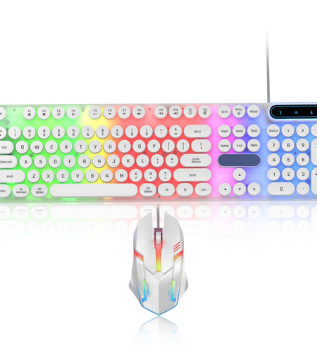 Gaming Keyboard and Mouse, Rainbow Backlit USB Wired Computer Mouse and Keyboard Combo, for Game, Office, White